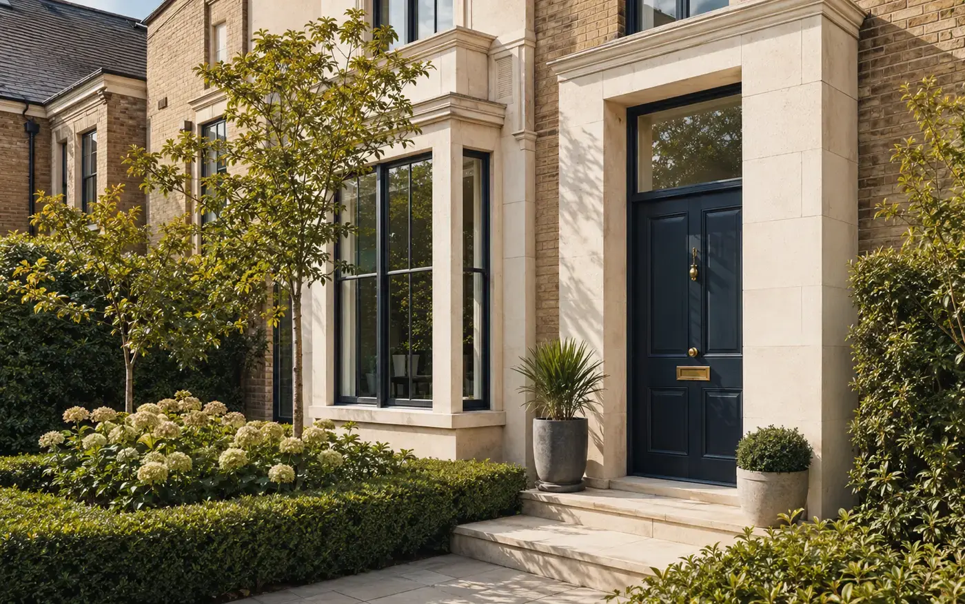 Contemporary stone and timber family home in a landscaped English garden